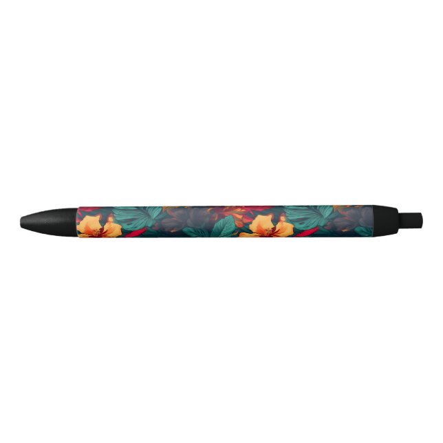 Colourful Hibiscus, Yellow Orange Green Floral Black Ink Pen (Front)