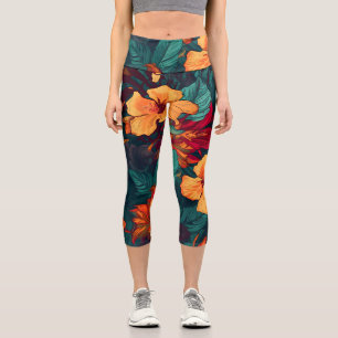 Colourful Hibiscus, Yellow Orange Green Floral Capri Leggings