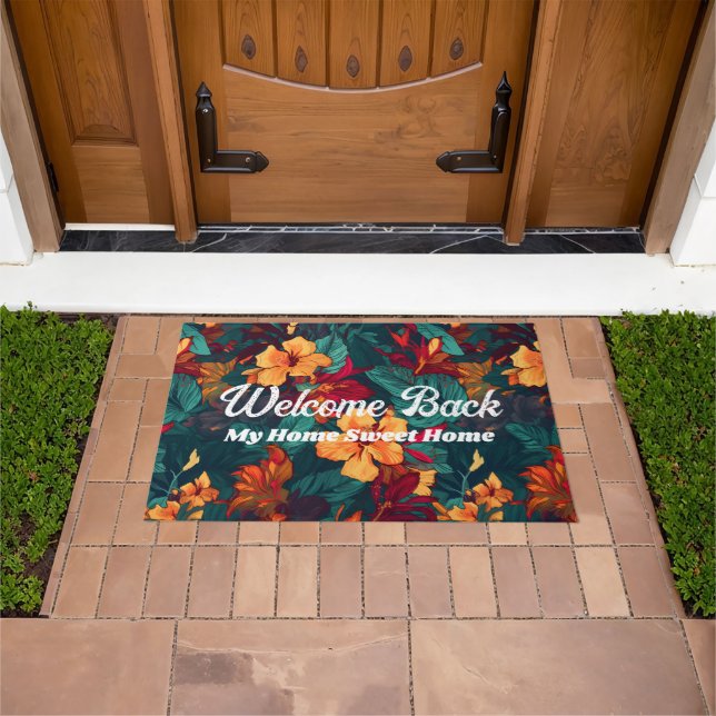 Colourful Hibiscus, Yellow Orange Green Floral Doormat (Outdoor)