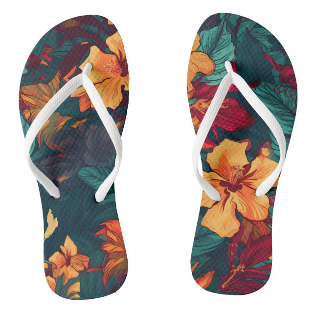 Colourful Hibiscus, Yellow Orange Green Floral Flip Flops (Footbed)