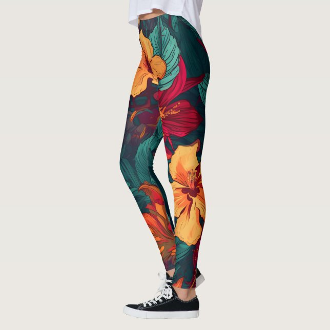 Colourful Hibiscus, Yellow Orange Green Floral Leggings (Left)