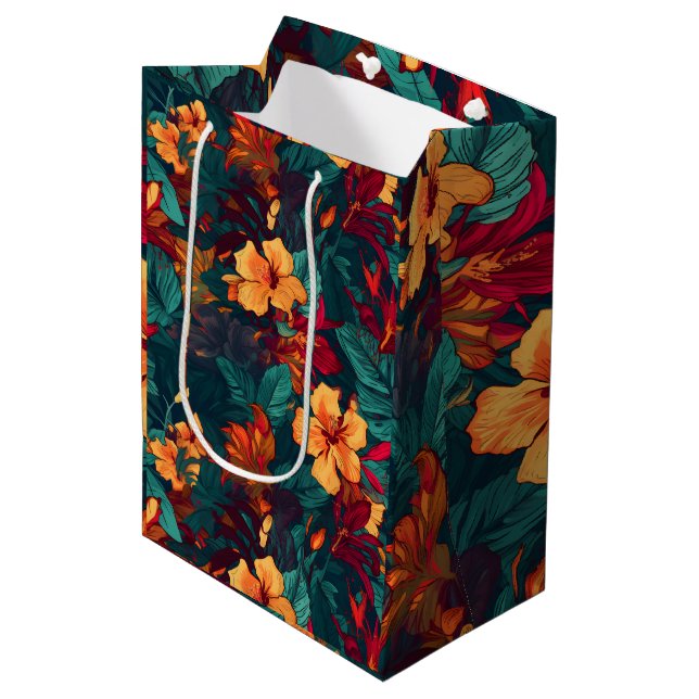 Colourful Hibiscus, Yellow Orange Green Floral Medium Gift Bag (Front Angled)