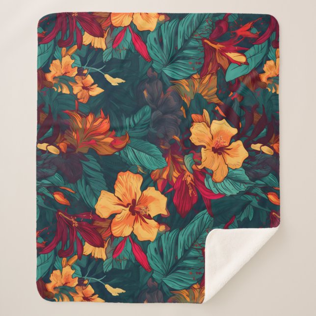 Colourful Hibiscus, Yellow Orange Green Floral Sherpa Blanket (Front)