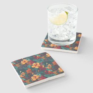Colourful Hibiscus, Yellow Orange Green Floral Stone Coaster