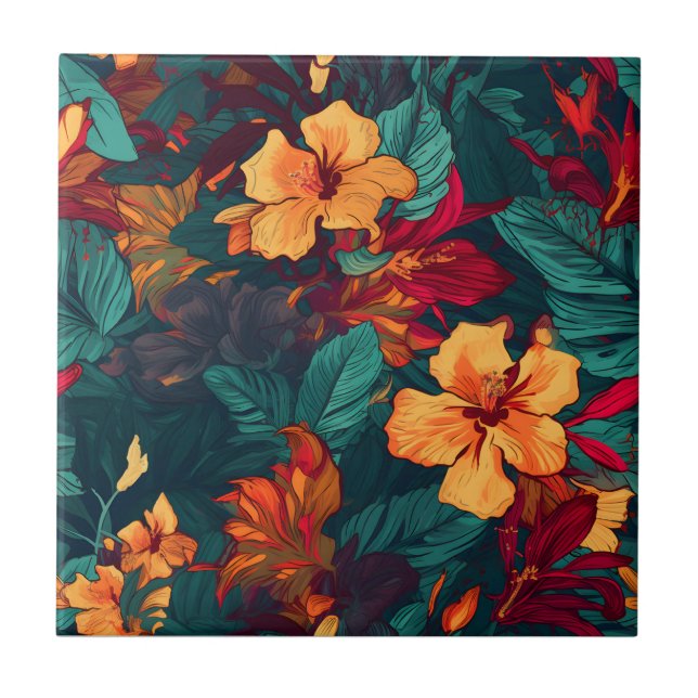 Colourful Hibiscus, Yellow Orange Green Floral Tile (Front)