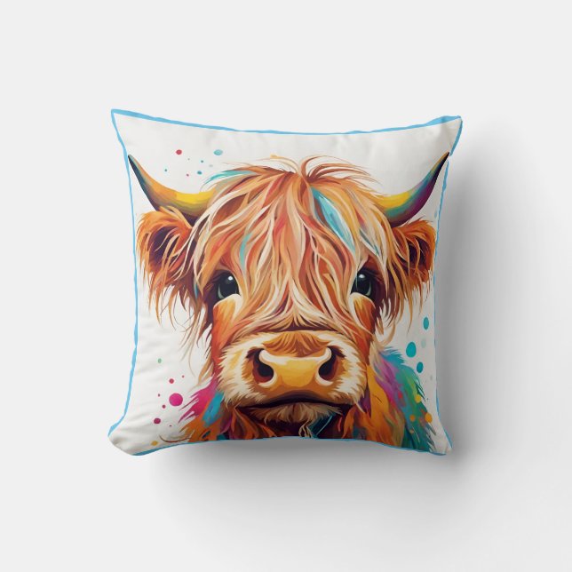 Colourful Highland Cow Calf Cushion (Front)