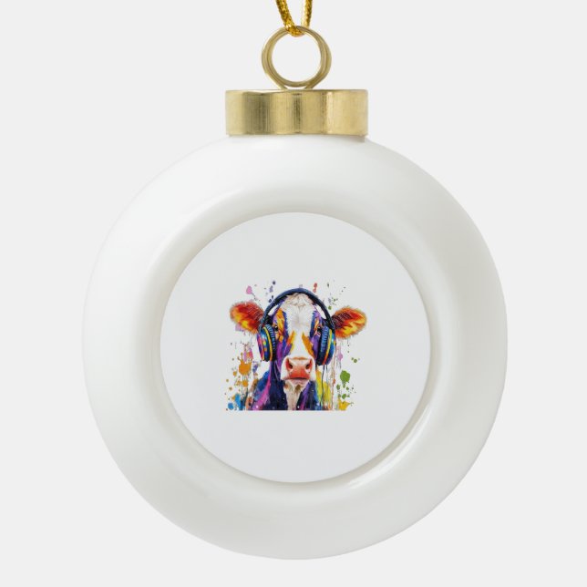 Colourful Highland Cow Ceramic Ball Christmas Ornament (Front)