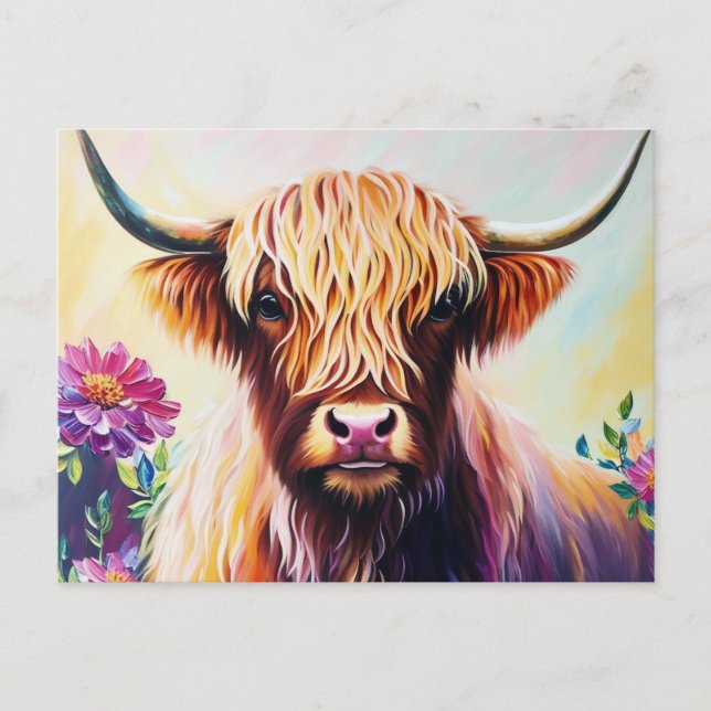 Colourful Highland Cow Floral Art Postcard (Front)
