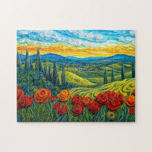 Colourful Hillside Landscape with Poppy Field Jigsaw Puzzle