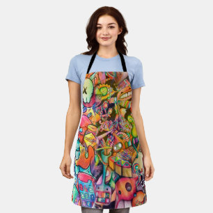 Colourful Hippie Cartoon Doodle Art Apron