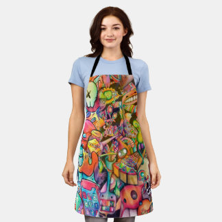 Colourful Hippie Cartoon Doodle Art Apron