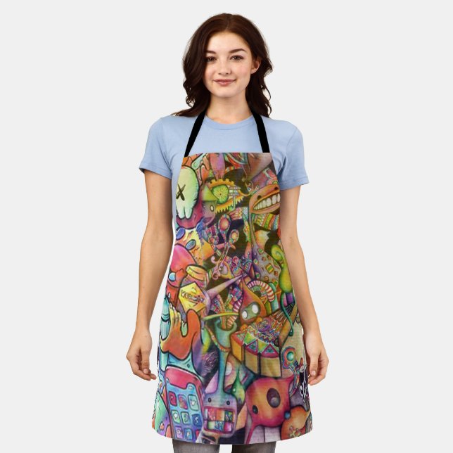 Colourful Hippie Cartoon Doodle Art Apron (Worn)