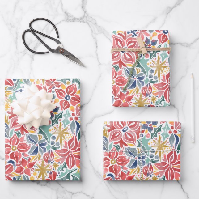 Colourful Holiday Floral Wrapping Paper Sheets (Front)