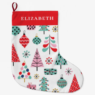 Colourful Holiday Pattern   Cute Modern Winter Tre Large Christmas Stocking