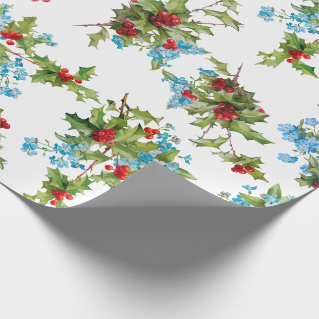 Colourful Holly and Blue Forget Me Nots Wrapping Paper (Corner)