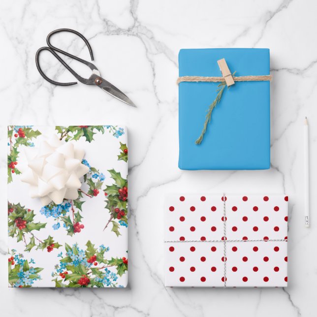 Colourful Holly, Forget-me-Nots and Polka Dots Wrapping Paper Sheet (Front)