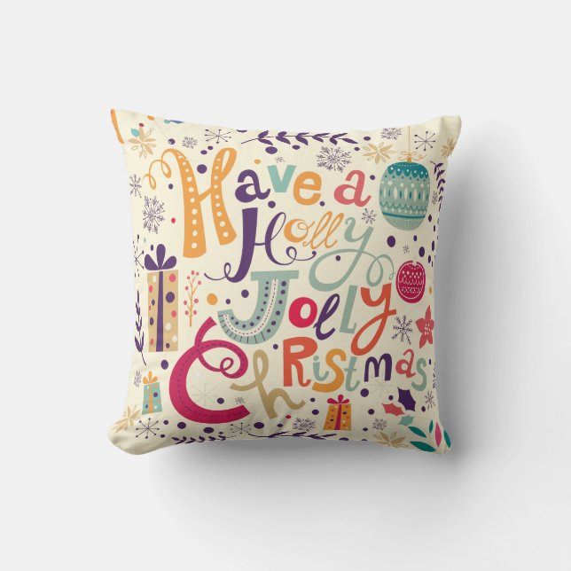 Colourful Holly Jolly Christmas Text Design Cushion (Front)