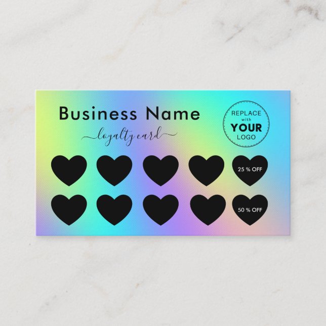 Colourful Holograph Black Hearts Add Logo Beauty  Loyalty Card (Front)