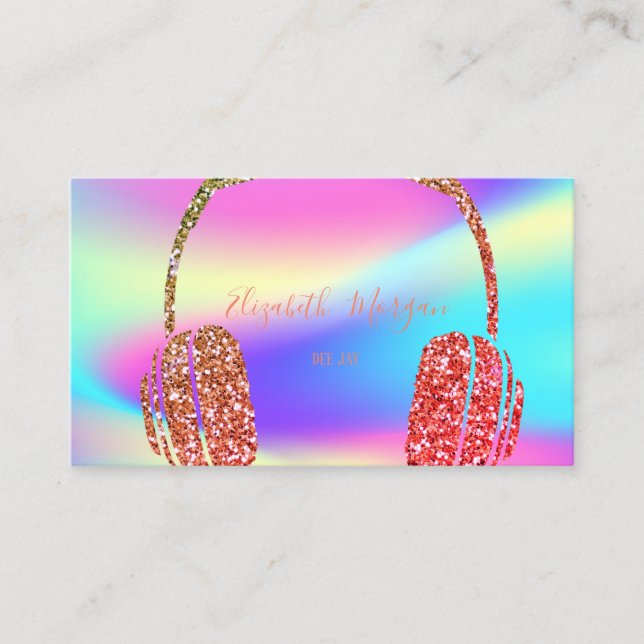 Colourful Holographic Glitter Headphone DJ Business Card (Front)