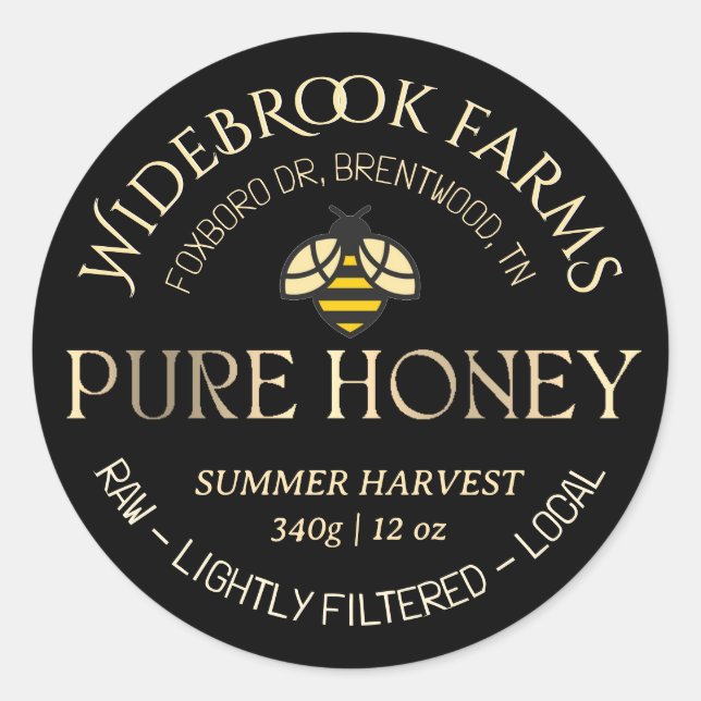 Colourful Honeybee Logo Pure Honey Black Gold Classic Round Sticker (Front)