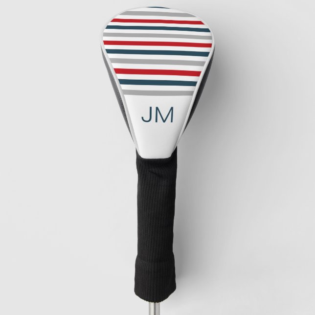 Colourful horizontal navy stripes golf head cover (Front)