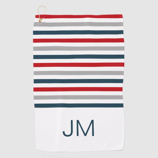Colourful horizontal navy stripes golf towel (Front)
