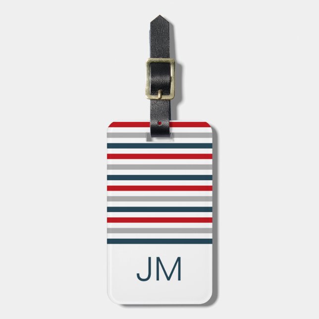 Colourful horizontal navy stripes luggage tag (Front Vertical)
