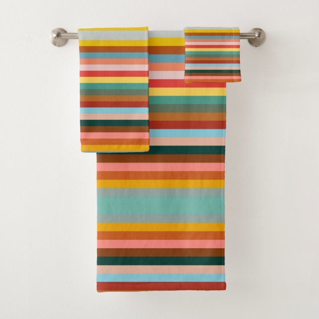 Colourful Horizontal Retro Stripes  Bath Towel Set (Insitu)