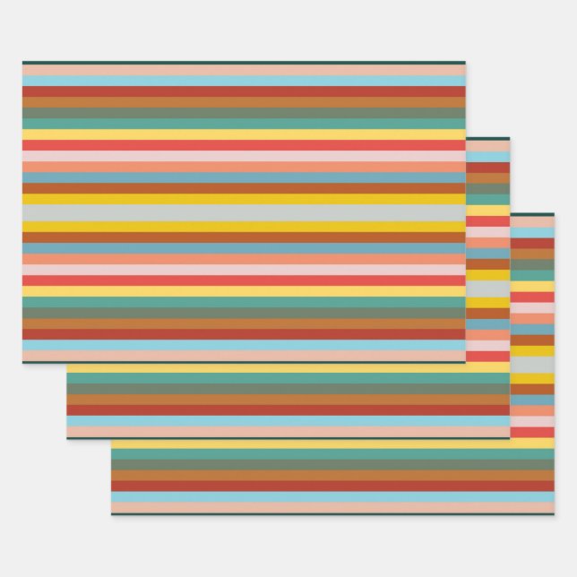Colourful Horizontal Retro Stripes  Wrapping Paper Sheet (Set)