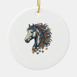 Colourful Horse Puzzle Piece Vintage Engraving T-S Ceramic Tree Decoration