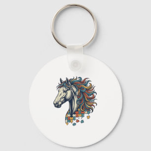 Colourful Horse Puzzle Piece Vintage Engraving T-S Key Ring