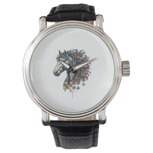 Colourful Horse Puzzle Piece Vintage Engraving T-S Watch