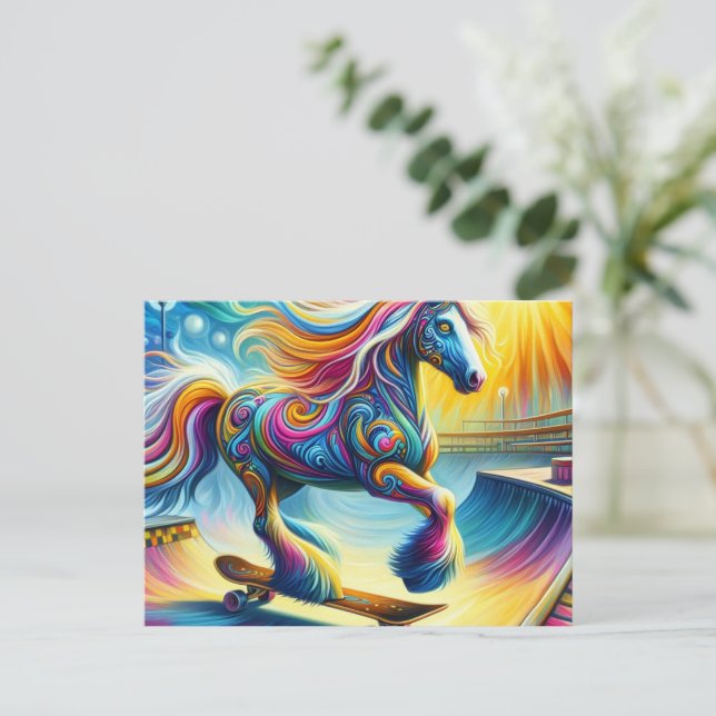 Colourful Horse Skateboarding Postcard (Standing Front)