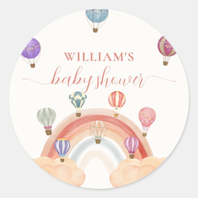 Colourful Hot Air Balloon Rainbow Baby Shower  Classic Round Sticker (Front)