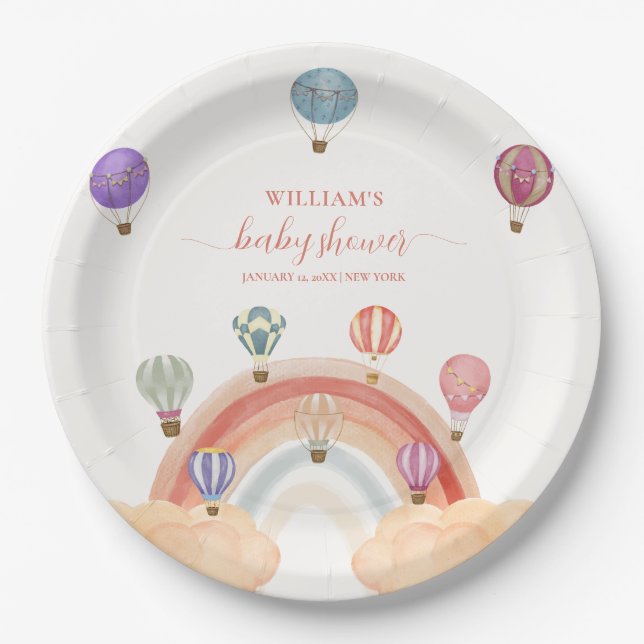 Colourful Hot Air Balloon Rainbow Baby Shower  Paper Plate (Front)