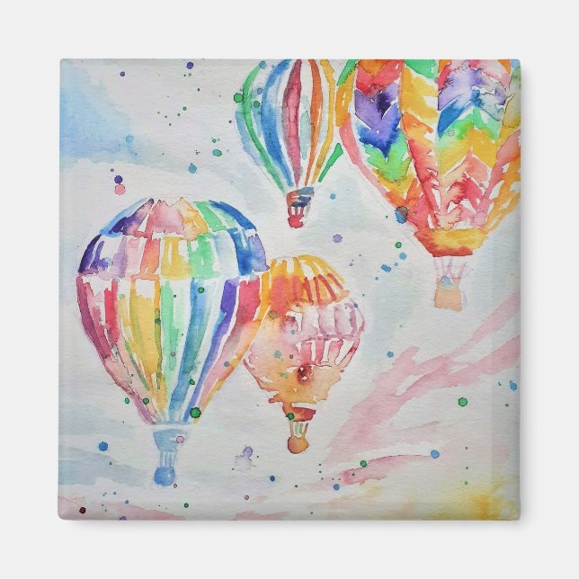Colourful Hot Air Balloon Watercolor Art Design Magnet (Front)