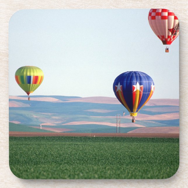 Colourful hot air balloons float over wheat coaster (Front)