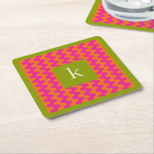 Colourful Hot Pink Orange Green Bold Wavy Monogram Square Paper Coaster
