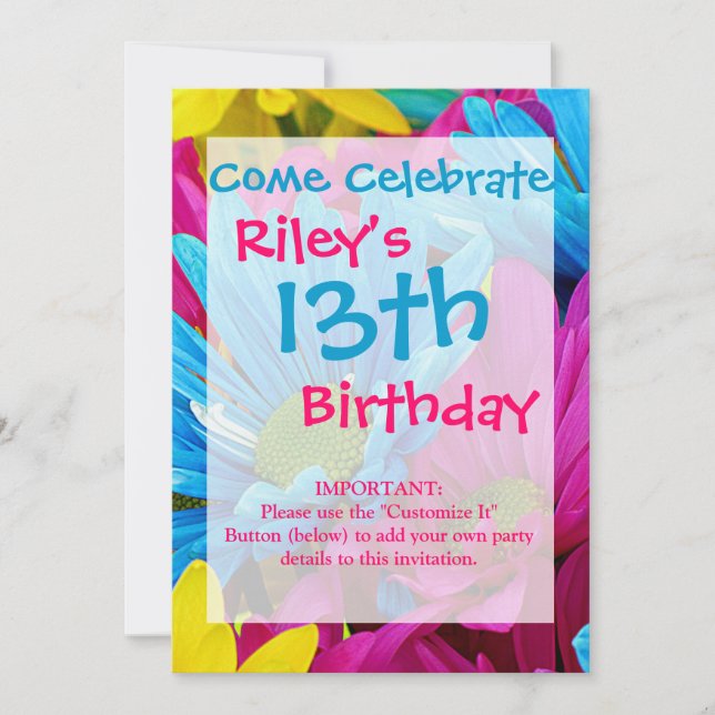 Colourful Hot Pink Teal Blue Gerber Daisies Flower Invitation (Front)