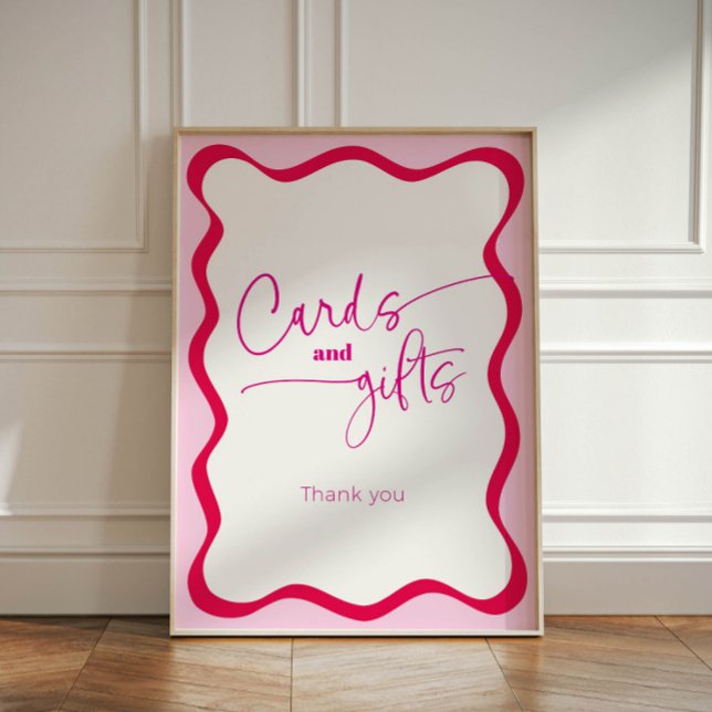 Colourful Hot Pink Wavy Border Cards and Gifts Pedestal Sign (Hot pink wavy border cards and gifts sign)