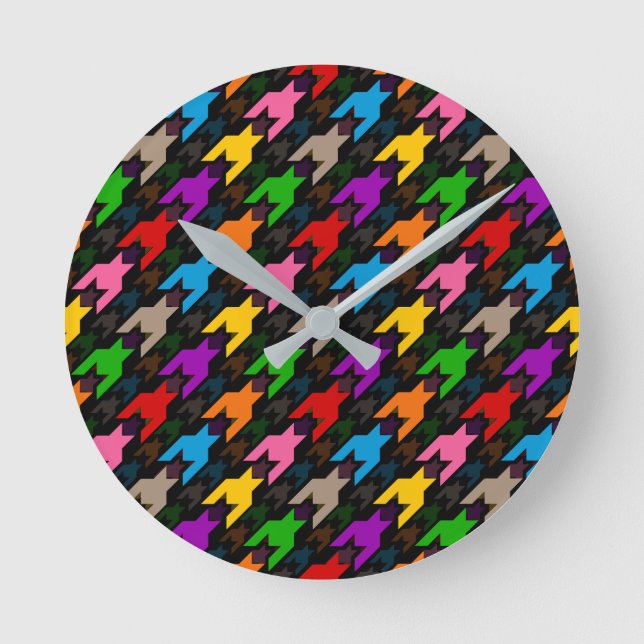 Colourful Houndstooth Pattern Black  Round Clock (Front)