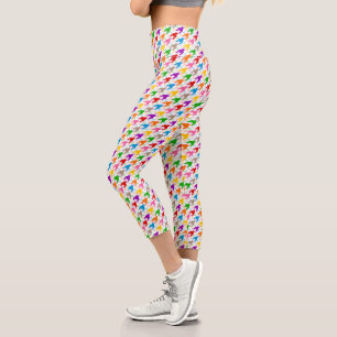 Colourful Houndstooth Pattern White Capri Leggings