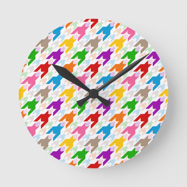 Colourful Houndstooth Pattern White  Round Clock (Front)