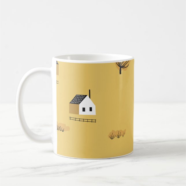 Colourful house, trees, horses landscape coffee mug (Left)