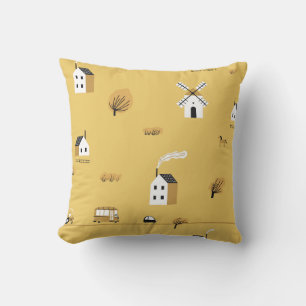 Colourful house, trees, horses landscape cushion