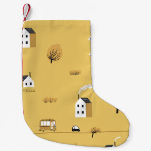 Colourful house, trees, horses landscape small christmas stocking