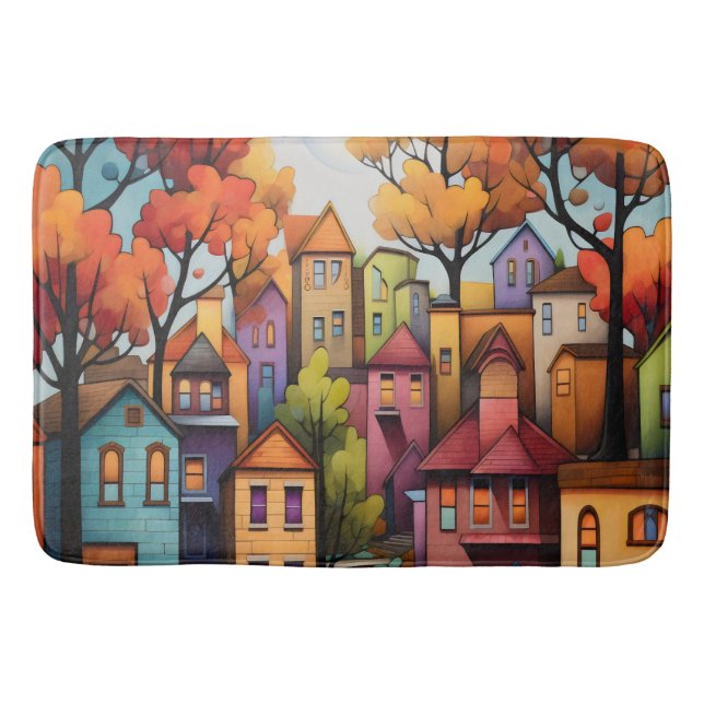 Colourful houses and trees in the fall bath mat (Front)