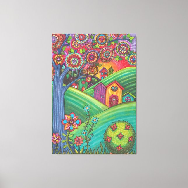 Colourful Houses Folk Art Canvas Print (Front)