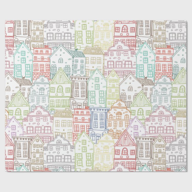 Colourful houses line art pattern wrapping paper (Flat)