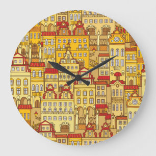 Colourful Houses Vintage City Pattern Large Clock
